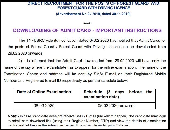 TN Forest Guard Admit Card Notice