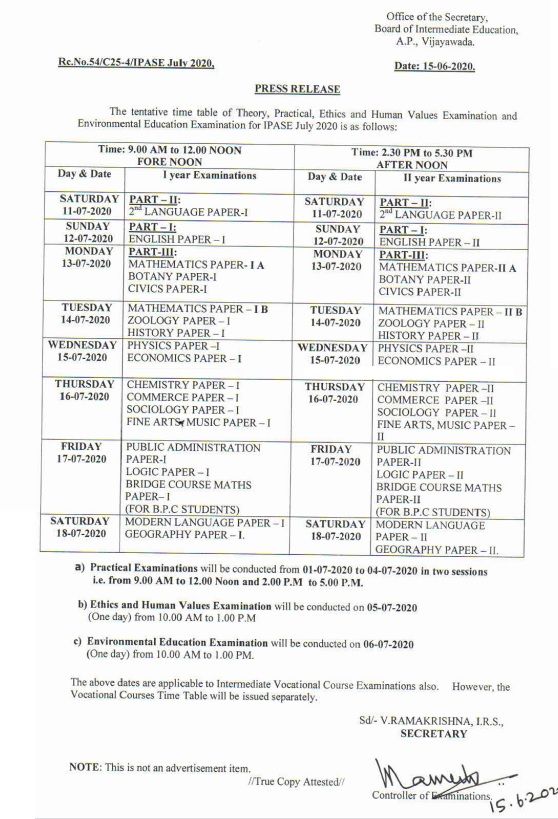 AP Inter Supplementary Exam Time Table 2020 IPASE
