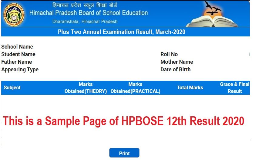 HPBOSE 12th Result 2020- Sample page