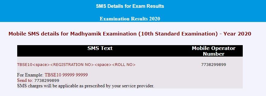 TBSE Madhyamik Examination 10th Standard Result SMS
