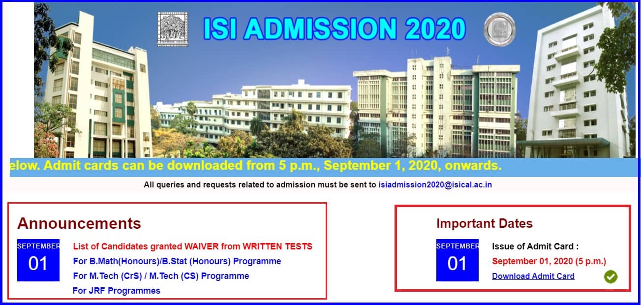 ISI Admit Card 2020 Download