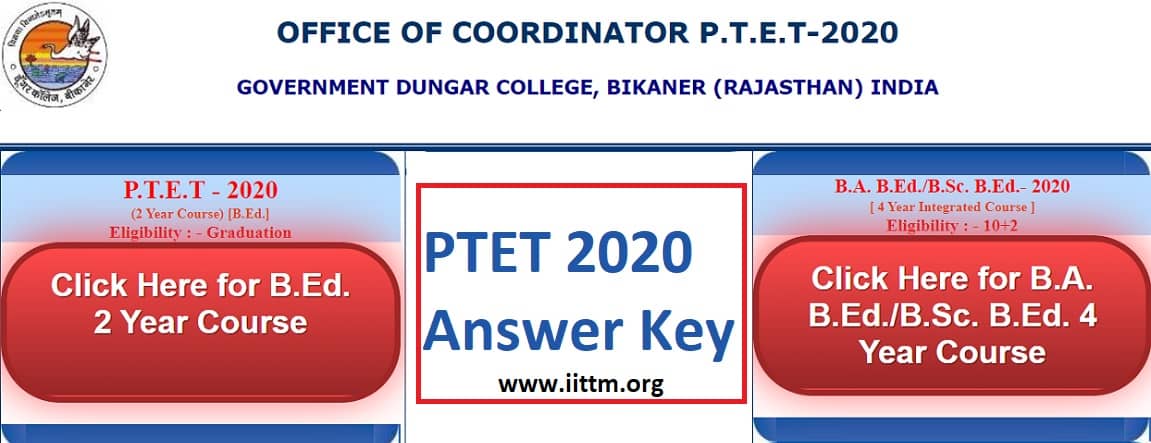 PTET Answer Key 2020 PDF Download www.iittm.org