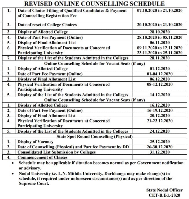 Bihar B.Ed Counselling Revised Schedule - College Allotment