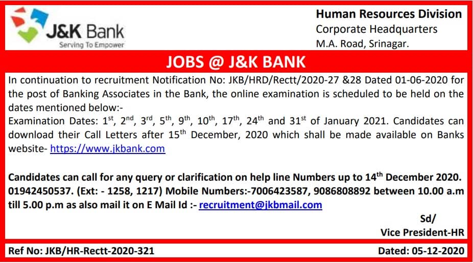 JK Bank BA Exam Date 2020 Notice
