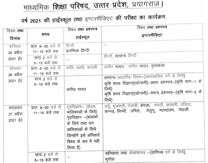 UP Board 10th Time Table 2021