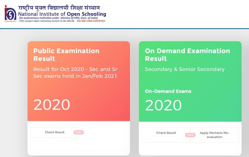 results.nios.ac.in Result 2021 10th 12th