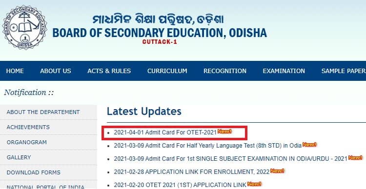 OTET Admit Card 2021 bse odisha ac in