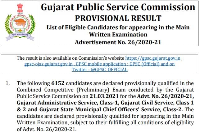 GPSC Class 1 2 Prelims Result 2021