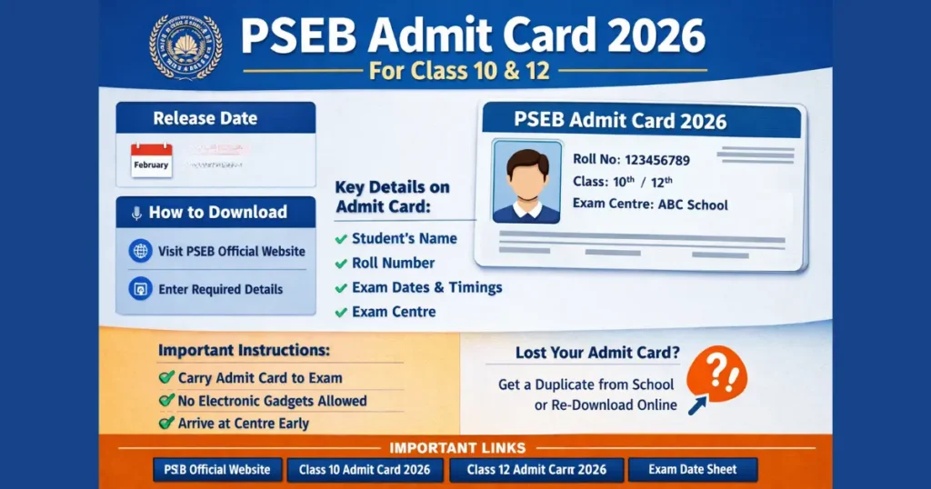 PSEB Admit Card 2026 Roll number for Class 10, 12
